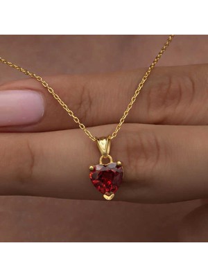 Gumush Hk Gümüş Kadın Kolye Gold Kırmızı Taşlı Kalpli |Gümüş Takı Hediyelik Ürünler