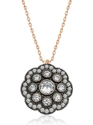 Gumush Hk Gümüş Kadın Kolye Çiçek Desenli Elmas Montür |Gümüş Takı Hediyelik Ürünler