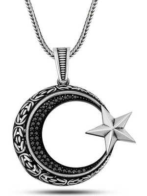 Gumush Hk Gümüş Erkek Kolye Zirkon Taşlı Motifli Ay Yıldız |Gümüş Takı Hediyelik Ürünler