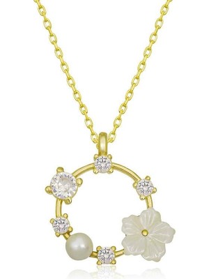 Gumush Hk Gümüş Kadın Kolye Gold Manolya Çiçeği |Gümüş Takı Hediyelik Ürünler