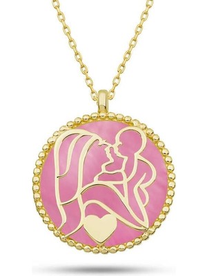 Gumush Hk Gümüş Anne Çocuk Sevgisi Kolye Gold Pembe Sedef Taşlı |Gümüş Takı Hediyelik Ürünler