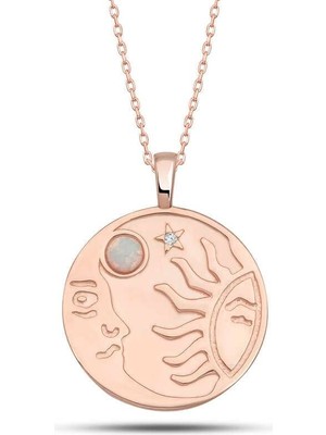 Gumush Hk Gümüş Kadın Kolye Rose Opal Beyaz Taşlı Ay Güneş |Gümüş Takı Hediyelik Ürünler