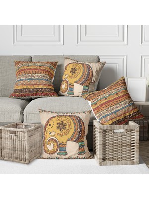 Alkan Homes 4 Lü Kombin Fil Temalı ve Etnik Desen Hediyelik Dijital Baskılı Kırlent Kılıfı