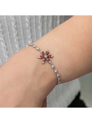 Gumush Hk Gümüş Kadın Bileklik Kırmızı Lotus Çiçeği Su Yolu |Gümüş Takı Hediyelik Ürünler