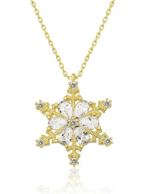 Gumush Hk Gümüş Kadın Kolye Gold Kar Çiçeği |Gümüş Takı Hediyelik Ürünler