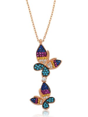 Gumush Hk Gümüş Kadın Kolye Rose Çift Kelebek |Gümüş Takı Hediyelik Ürünler