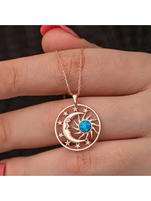 Gumush Hk Gümüş Kadın Kolye Rose Opal Mavi Taşlı Ay Güneş |Gümüş Takı Hediyelik Ürünler