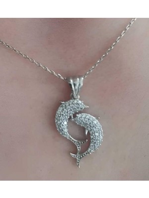 Gumush Hk Gümüş Kadın Kolye Çift Yunus Balığı |Gümüş Takı Hediyelik Ürünler