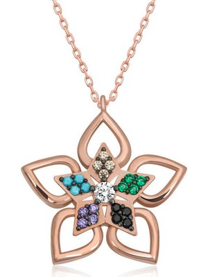 Gumush Hk ​Gümüş Kadın Kolye Rose Renkli Taşlı Çiçek |Gümüş Takı Hediyelik Ürünler