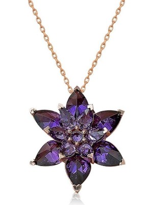 Gumush Hk Gümüş Kadın Kolye Rose Mor Lotus Çiçeği |Gümüş Takı Hediyelik Ürünler