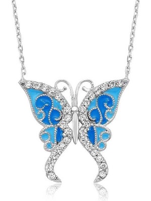 Gumush Hk Gümüş Kadın Kolye Mavi Kelebek |Gümüş Takı Hediyelik Ürünler