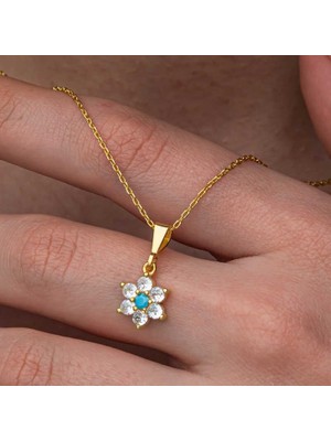 Gumush Hk Gümüş Kadın Kolye Mavi Taşlı Gold Çiçek |Gümüş Takı Hediyelik Ürünler