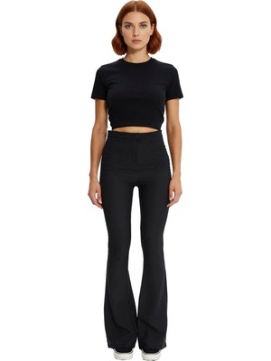 Ersefa Kadın Yüksek Bel Flare Dokuma Pantolon Günlük Kullanım Fonksiyonel Dayanıklı Kaliteli Spor