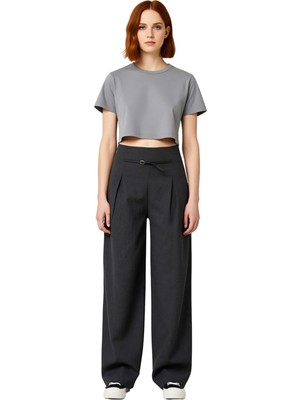 Ersefa Kadın Yüksek Bel Kemerli Geniş Paça Dokuma Pantolon Fonksiyonel Dayanıklı Kaliteli Estetik