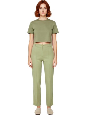 Ersefa Kadın Yüksek Bel Straight Kesim Dikiş Detaylı Dokuma Pantolon Fonksiyonel Dayanıklı Modern