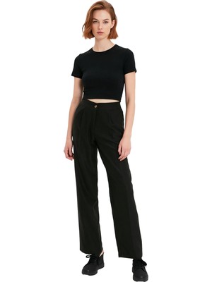 Ersefa Kadın Yüksek Bel Geniş Paça Dokuma Kumaş Pantolon Fonksiyonel Dayanıklı Kaliteli Konforlu Şık