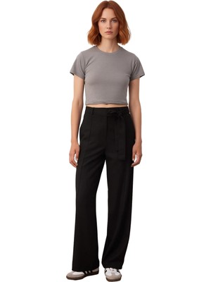 Ersefa Kadın Nervürlü Kuşaklı Geniş Paça Pantolon Fonksiyonel Dayanıklı Kaliteli Konforlu Estetik