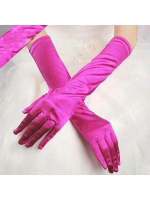 MiraLive Uzun Boy Ekstra Parlak Saten Eldiven Fuşya Renk