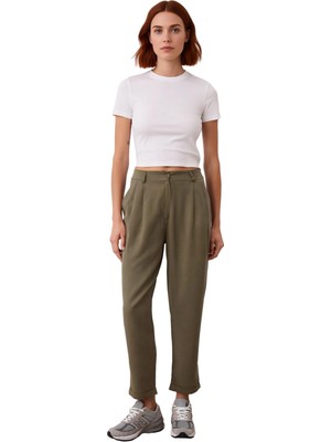 Ersefa Kadın Haki Pilili Duble Paça Regular Boy Pantolon Fonksiyonel Dayanıklı Kaliteli Konforlu Şık