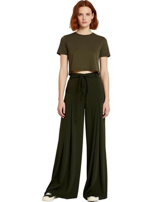 Ersefa Kadın Haki Wide Leg Pantolon Bağcıklı Bel Detaylı Fonksiyonel Dayanıklı Kaliteli Konforlu Şık