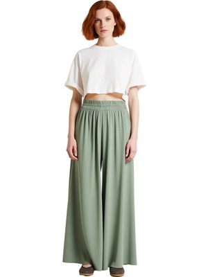 Ersefa Kadın Haki Geniş Paça Dokuma Pantolon Yüksek Bel Palazzo Fonksiyonel Dayanıklı Kaliteli Şık