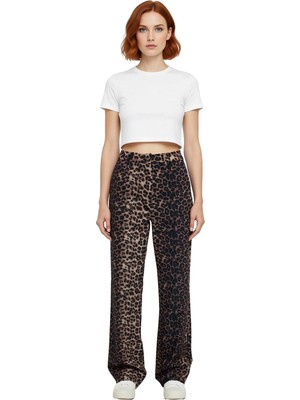 Ersefa Kadın Leopar Desenli Yüksek Bel Straight Kesim Dokuma Pantolon Fonksiyonel Dayanıklı Rahat