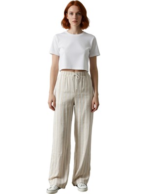 Ersefa Kadın Çizgili Keten Dokulu Geniş Paça Pantolon Fonksiyonel Dayanıklı Kaliteli Konforlu Şık