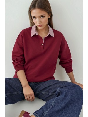 Hiccup Kadın Dokuma Garni Detaylı Oversize Polo Yaka Sweatshirt Bordo Kırmızı