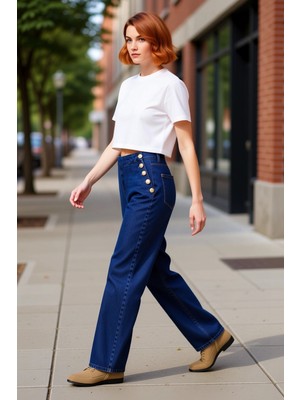 PayBuy Kadın Koyu Geniş Paça Düğmeli Jean Pantolon Fonksiyonel Dayanıklı Kaliteli Konforlu Modern