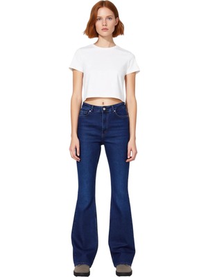 Ersefa Kadın Yüksek Bel Flare Denim Pantolon Koyu Fonksiyonel Dayanıklı Kaliteli Konforlu Estetik