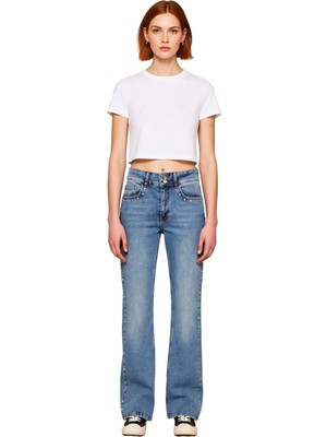 Ersefa Kadın Yüksek Bel Flare Jean Trok Detaylı Esnek Pantolon Fonksiyonel Dayanıklı Kaliteli Şık