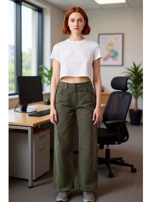 FRM Kadın Yüksek Bel Geniş Paça Jean Pantolon Fonksiyonel Dayanıklı Kaliteli Konforlu Estetik Şık