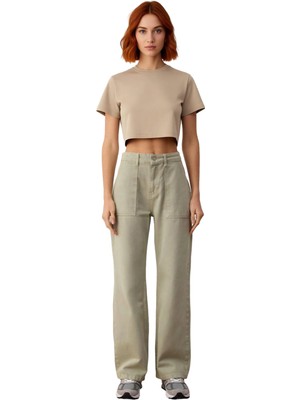 Ersefa Kadın Yüksek Bel Kargo Detaylı Bol Kesim Jean Fonksiyonel Dayanıklı Kaliteli Konforlu Spor