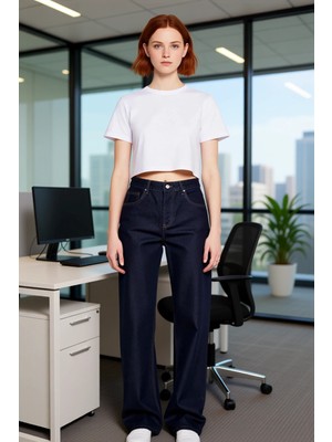 FRM Kadın Koyu Wide Leg Yüksek Bel Denim Pantolon Fonksiyonel Dayanıklı Kaliteli Konforlu Spor