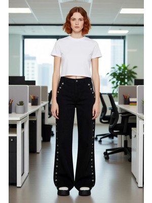 FRM Kadın Wide Leg Pantolon Taş Detaylı Yüksek Bel Denim Fonksiyonel Dayanıklı Kaliteli Modern