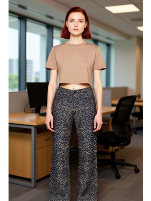 FRM Kadın Leopar Desenli Geniş Paça Jean Fonksiyonel Dayanıklı Kaliteli Konforlu Estetik Rahat