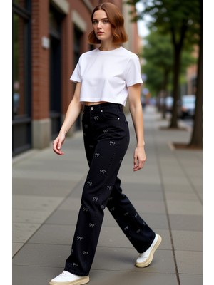 PayBuy Kadın Fiyonk Desenli Yüksek Bel Geniş Paça Jean Pantolon Fonksiyonel Dayanıklı Kaliteli Şık