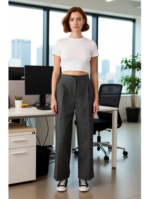 FRM Kadın Düz Desenli Geniş Paça Pantolon Şık Günlük Fonksiyonel Dayanıklı Kaliteli Konforlu Spor
