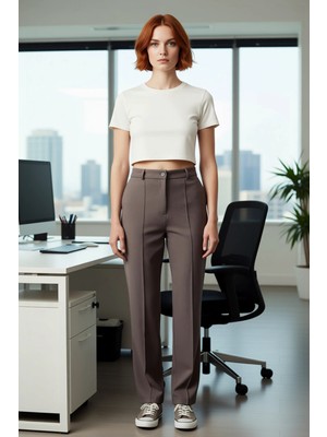 FRM Kadın Düz Kesim Yüksek Bel Dokuma Pantolon Nervür Detaylı Fonksiyonel Dayanıklı Kaliteli Şık