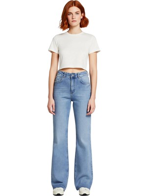 Ersefa Kadın Yüksek Bel Flare Jean Ispanyol Paça Yırtmaçlı Fonksiyonel Dayanıklı Kaliteli Estetik