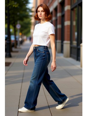 PayBuy Kadın Yüksek Bel Geniş Paça Kesimli Denim Pantolon Fonksiyonel Dayanıklı Kaliteli Konforlu