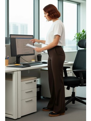 FRM Kadın Koyu Kahve Yüksek Bel Düz Kesim Dokuma Pantolon Fonksiyonel Dayanıklı Kaliteli Rahat