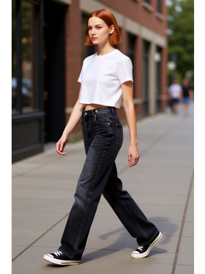 PayBuy Kadın Antrasit Asimetrik Kapanışlı Yüksek Bel Straight Kesim Jean Pantolon Fonksiyonel Şık