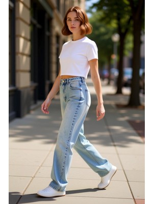 PayBuy Kadın Açık Yüksek Bel Düz Kesim Denim Pantolon Fonksiyonel Dayanıklı Kaliteli Konforlu Şık