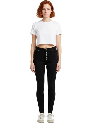 Ersefa Kadın Yüksek Bel Düğmeli Esnek Skinny Jean Fonksiyonel Dayanıklı Kaliteli Konforlu Estetik