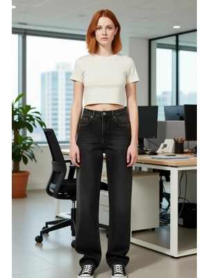 FRM Kadın Wide Leg Jean Antrasit Vintage Yıkama Fonksiyonel Dayanıklı Kaliteli Konforlu Modern