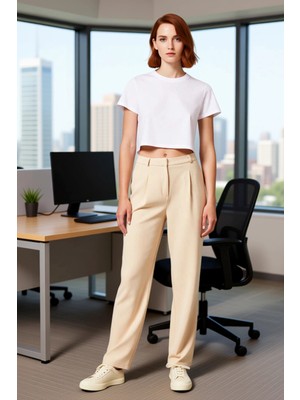 FRM Kadın Pileli Geniş Bacak Dokuma Pantolon Fonksiyonel Dayanıklı Kaliteli Konforlu Estetik Şık