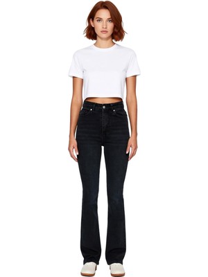 Ersefa Kadın Yüksek Bel Ispanyol Paça Koyu Denim Pantolon Fonksiyonel Dayanıklı Kaliteli Konforlu