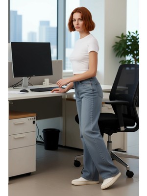 FRM Kadın Açık Denim Pantolon Geniş Paça Yüksek Bel Fonksiyonel Dayanıklı Kaliteli Konforlu Şık