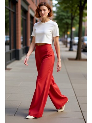 PayBuy Kadin Kirmizi Yirtmaçli Geniş Paça Pantolon Fonksiyonel Dayanıklı Kaliteli Konforlu Modern